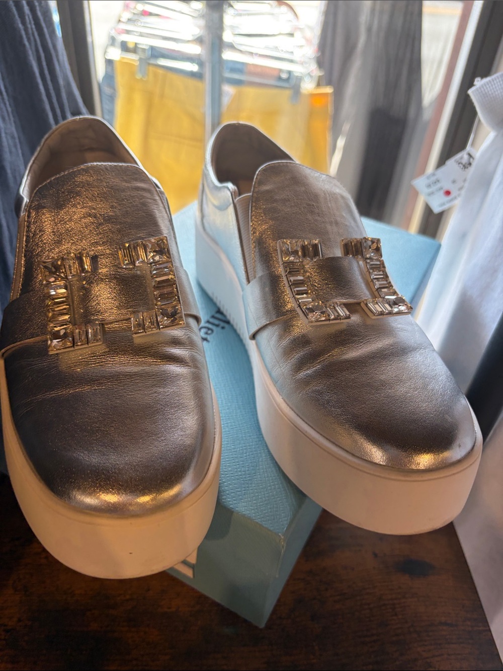 Metallic Silver Platform Slip-On Mules with Crystal Accent